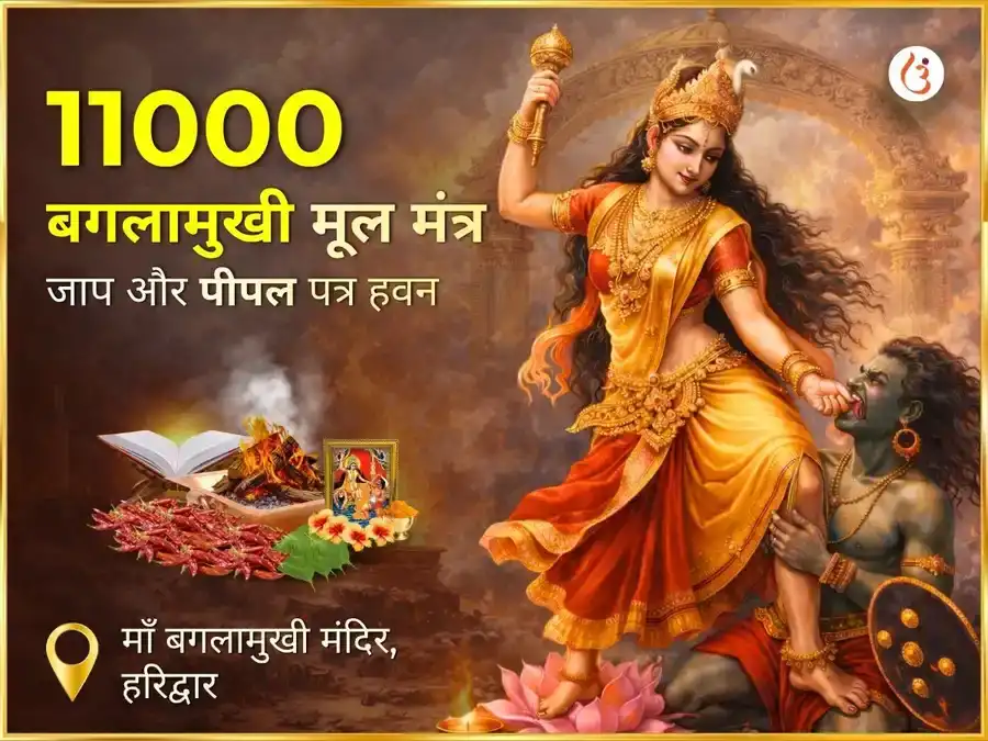 माँ बगलामुखी 11000 मूल मंत्र जाप एवं पीपल पत्र हवन puja image 1