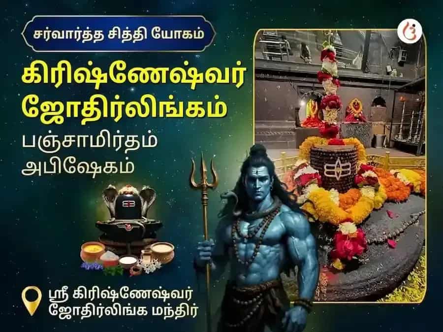 ஸர்வார்த்த சித்தி யோக விசேஷ கிரிஷ்ணேஷ்வர் ஜோதிர்லிங்க பஞ்சாமிர்த ருத்ர அபிஷேக மகா பூஜை puja image 1