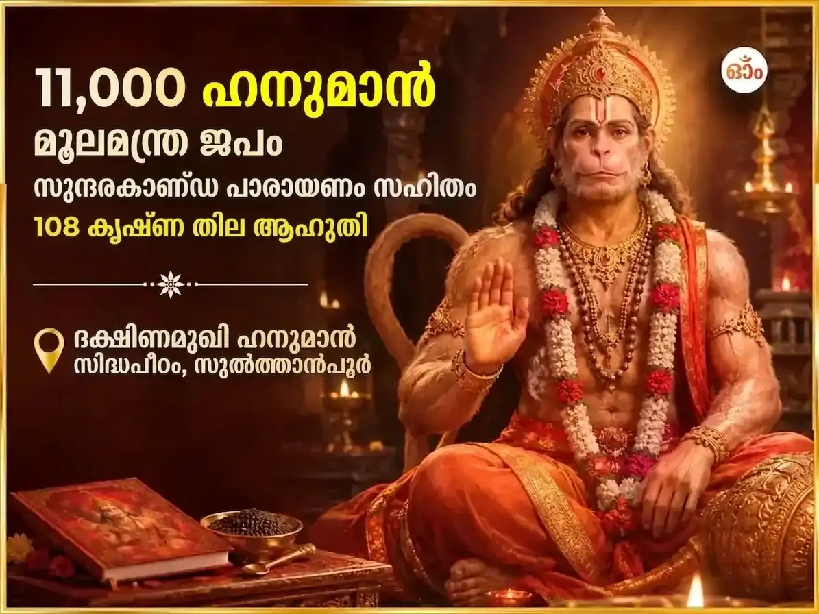 11,000 ഹനുമാൻ മൂലമന്ത്ര ജപം, സമ്പൂർണ്ണ സുന്ദരകാണ്ഡ പാരായണം & 108 കറുത്ത എള്ള് ഹവനം puja image 1