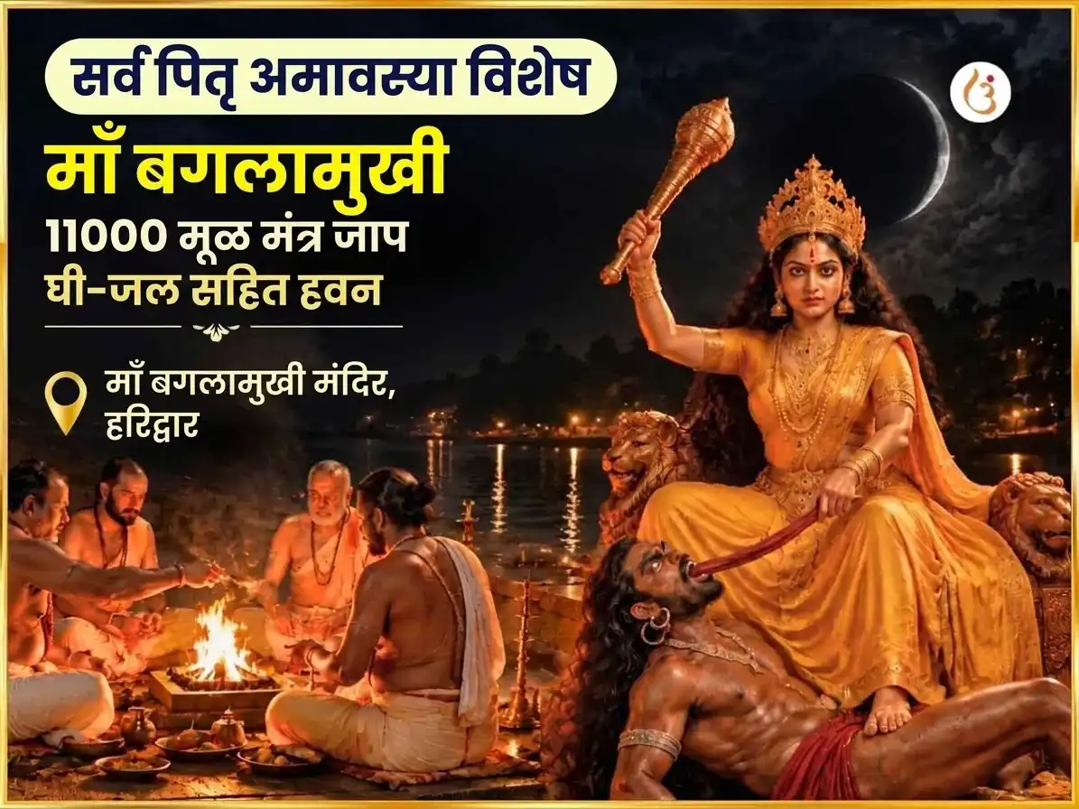 सर्व पितृ अमावस्या विशेष मा बगलामुखी 11000 मूळ मंत्र जाप सहित सर्व शत्रु संहार घी जल हवन puja image 1
