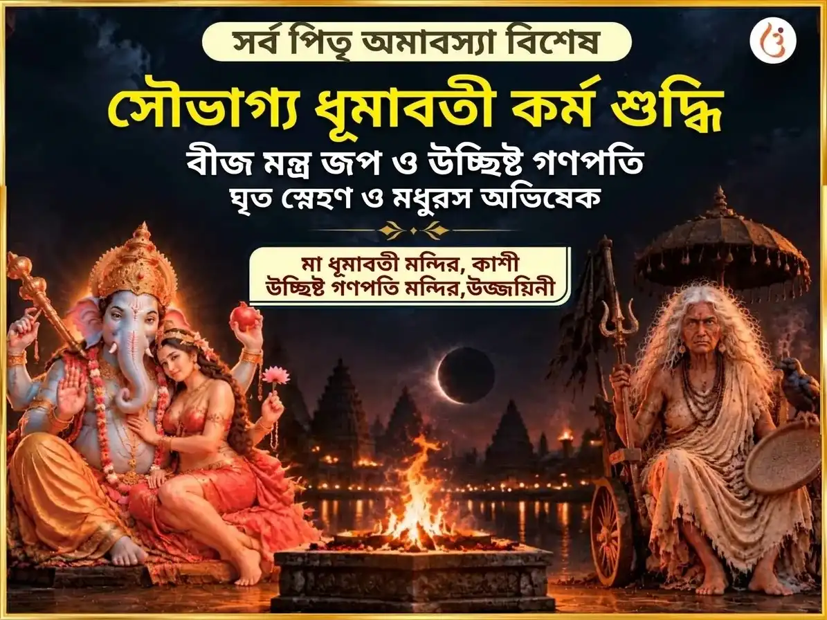 সর্ব পিতৃ অমাবস্যা বিশেষ সৌভাগ্য ধূমাবতী সৌভাগ্য প্রাপ্তি কর্ম শুদ্ধি বীজ মন্ত্র জপ ও উচ্ছিষ্ট গণপতি ঘৃত স্নেহণ এবং মধুরস অভিষেক puja image 1