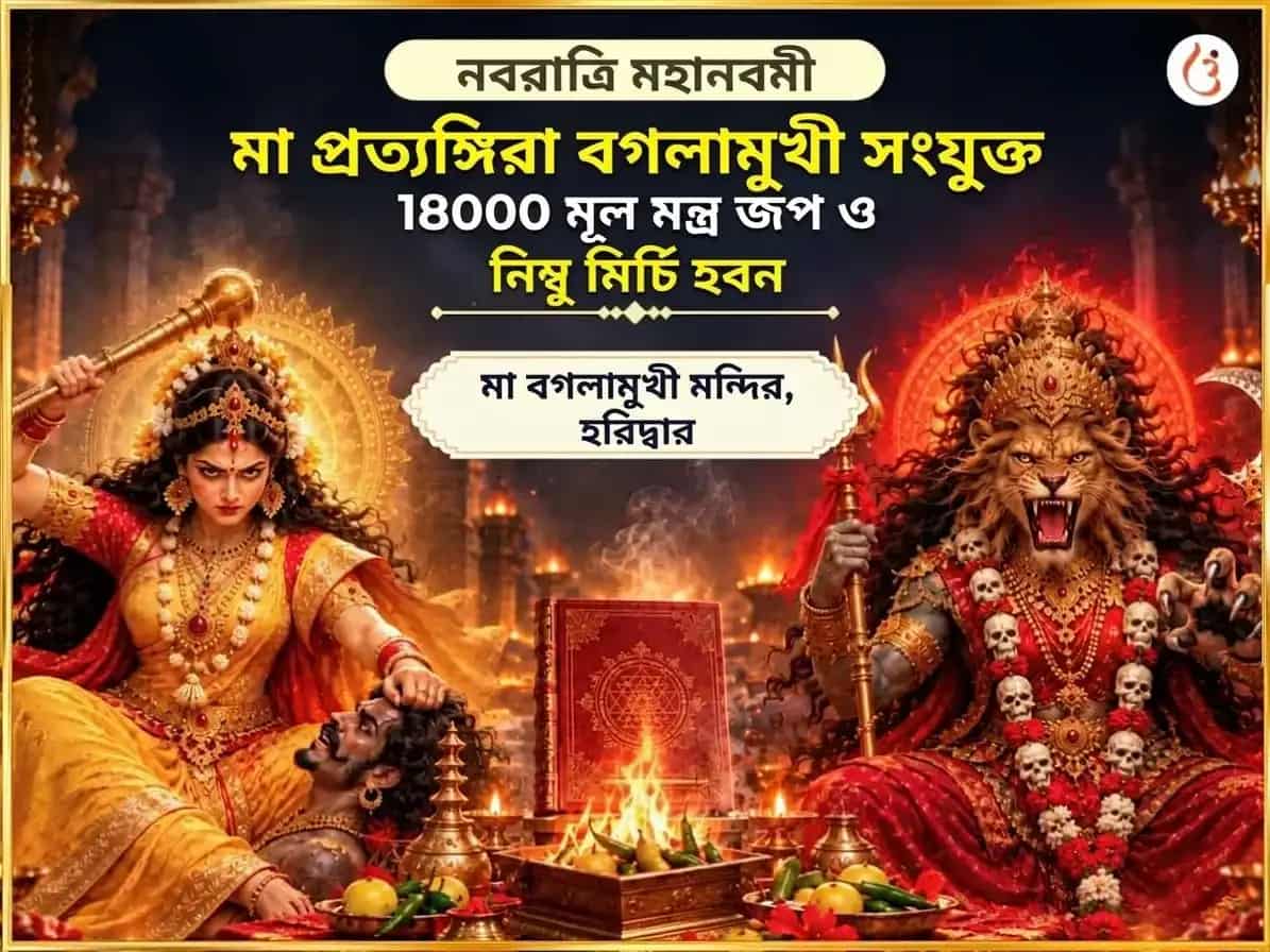 নবরাত্রি নবমী বিশেষ মা বগলামুখী প্রত্যঙ্গিরা সংযুক্ত 18000 মূল মন্ত্র জপ ও নিম্বু মির্চি হবন puja image 1