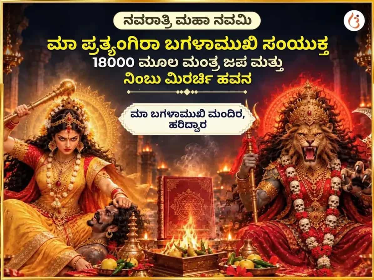 ನವರಾತ್ರಿ ನವಮಿ ವಿಶೇಷ ಮಾ ಬಗಲಾಮುಖಿ ಪ್ರತ್ಯಂಗಿರಾ ಸಂಯುಕ್ತ 18000 ಮೂಲ ಮಂತ್ರ ಜಪ ಮತ್ತು ನಿಂಬೂ-ಮಿರ್ಚಿ ಹವನ puja image 1