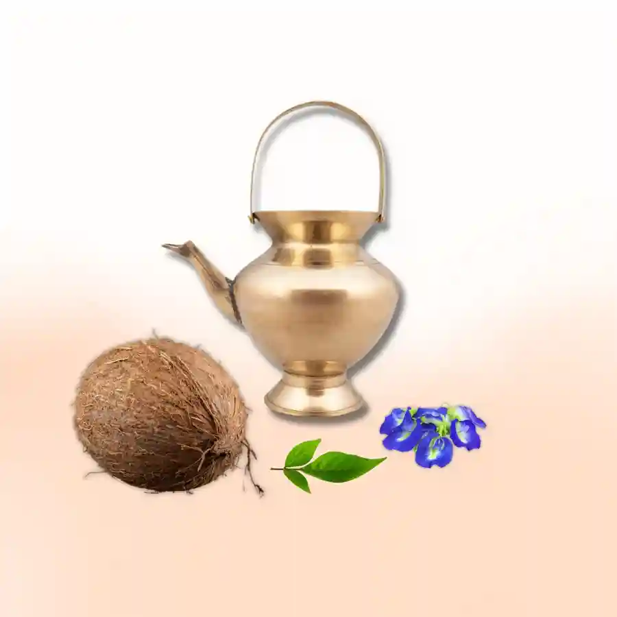 गंगा जल, पुष्प, बिल्व पत्र और नारियल अर्पणUtsav Kriya Image